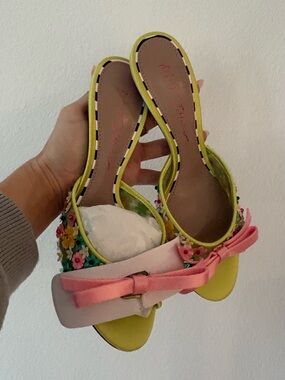 Betsey Johnson Yellow Floral Open-Back Heels with Pink Bow Accent
